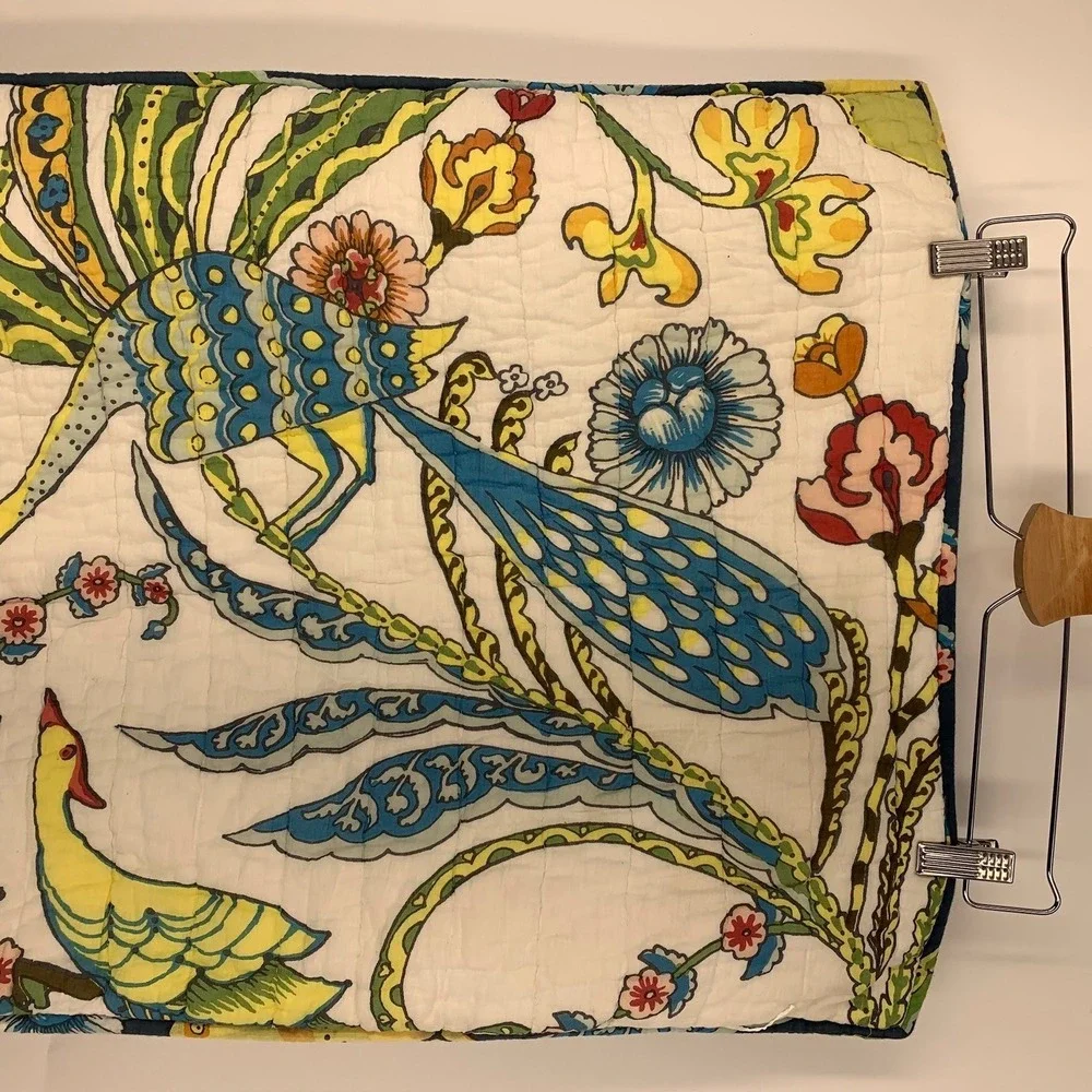 Pottery Barn Kantha Bird‎ Floral Quilted Pillow Sham Navy White Cotton Tie